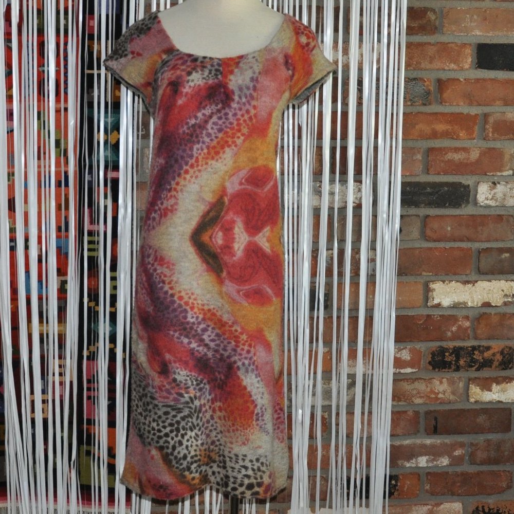 Luisa Cerano Animal Print Multicolor Midi Knit Sweater Dress 6 Alpaca Wool Blend